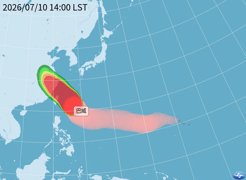 強烈颱風巴威持續進逼,路徑預估通過台灣東北部及北部海域,恐將為新北市、台北市、基隆市、桃園市帶來強風豪雨。(圖/氣象署提供)