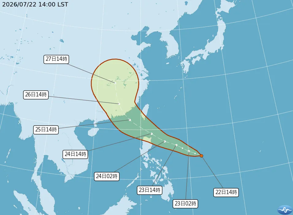 熱帶低壓TD13已在22日生成，最快23日增強為颱風「紅霞」，氣象署不排除將在23日發布海上颱風警報。（圖／翻攝自中央氣象署官網）