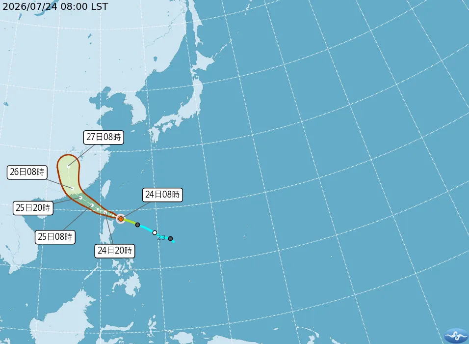 週六（25日）將是紅霞颱風距離台灣最近的時間點。（圖／中央氣象署）