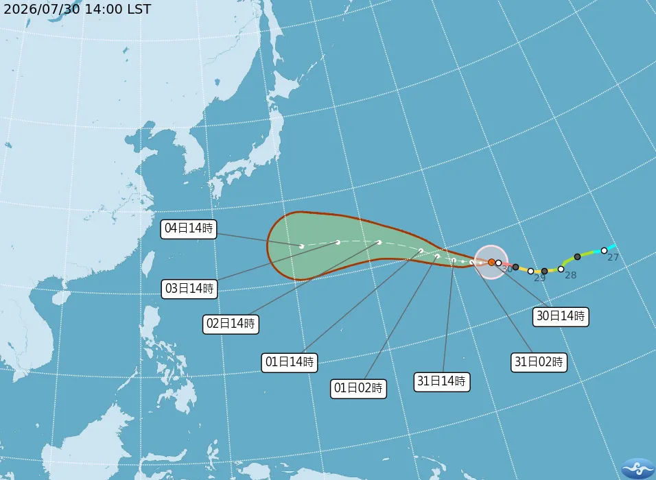強颱白海豚路徑南修，可能會接近台灣北部海面。（圖／翻攝自中央氣象署官網）