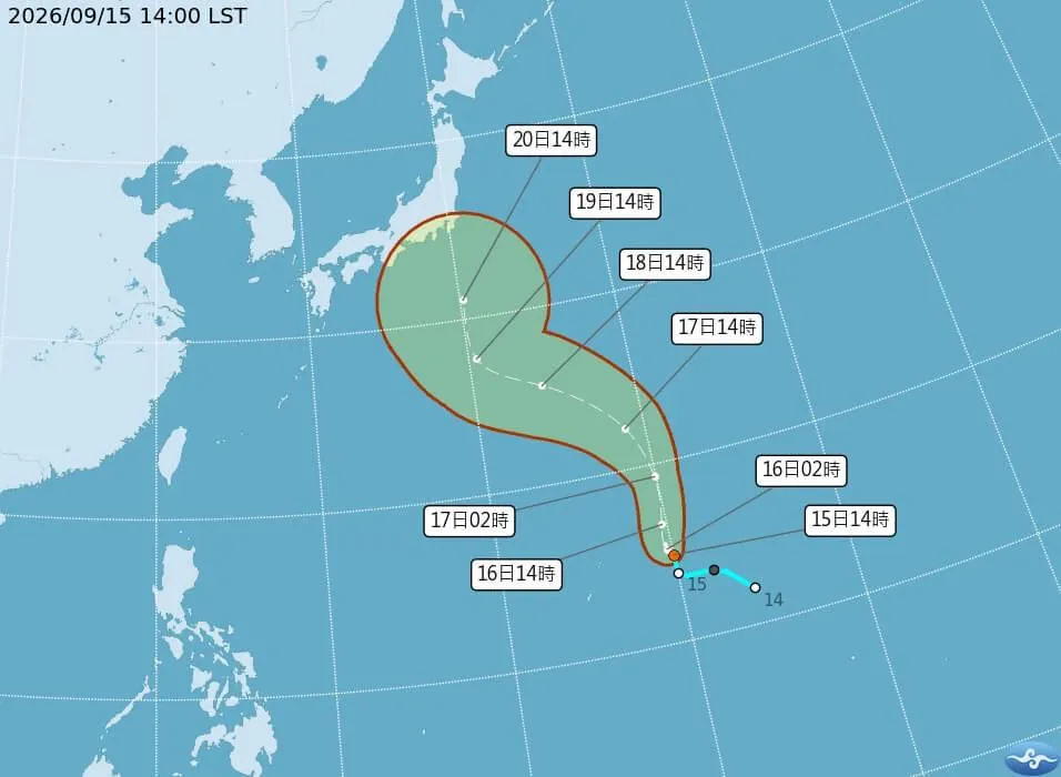 位於關島東方海面的熱帶低壓估明天增強為颱風杜鵑，對台無直接影響。（圖／氣象署）
