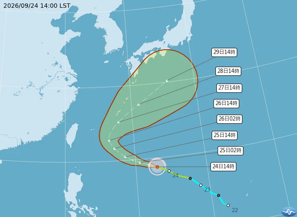 舒力基颱風預計27日提前北轉,同時會在27日前後增強為中颱,但對台灣影響不大。(圖/中央氣象署提供)