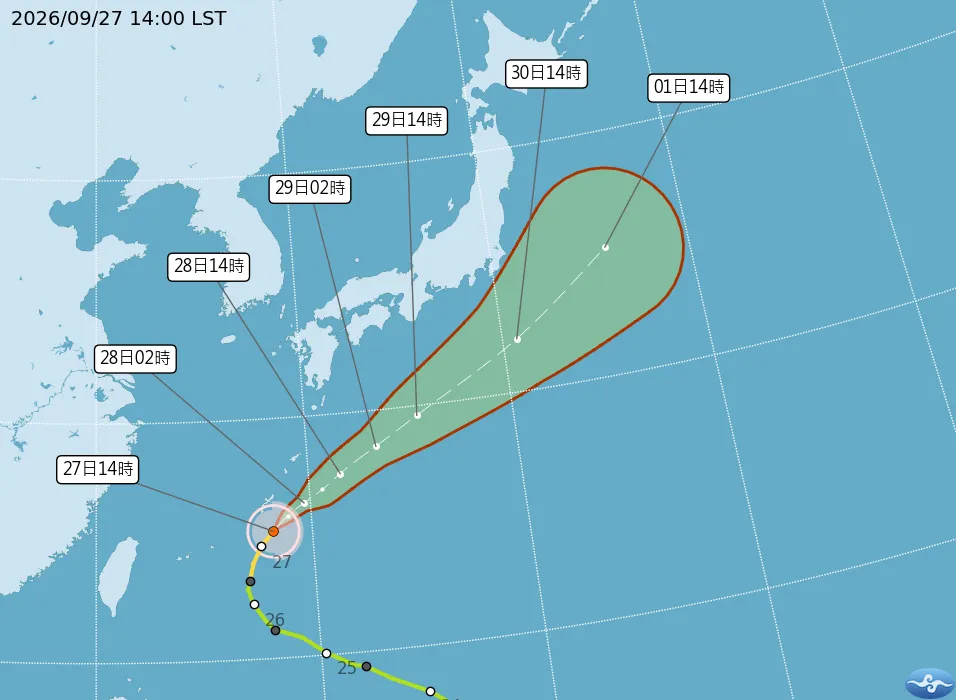 舒力基颱風正在接近琉球群島，部分對流雲系將影響琉球天氣，但對日本或台灣影響較小。（圖／中央氣象署提供）