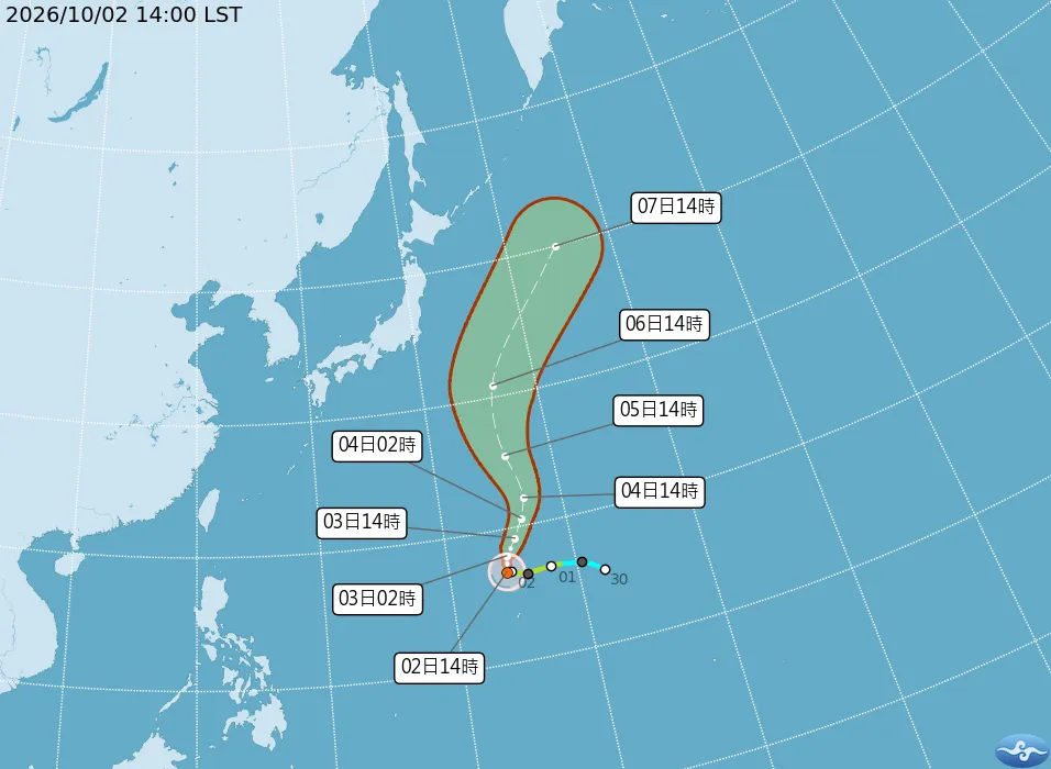 彩雲颱風強度已達輕颱上限,最快可能在2日晚間升級中颱。(圖/中央氣象署提供)