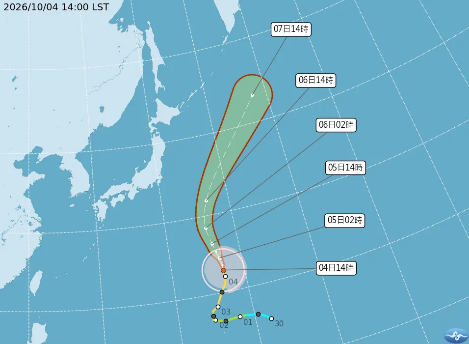 彩雲颱風已在4日下午2時升級為強颱，強度和暴風圈範圍不容小覷。（圖／中央氣象署提供）