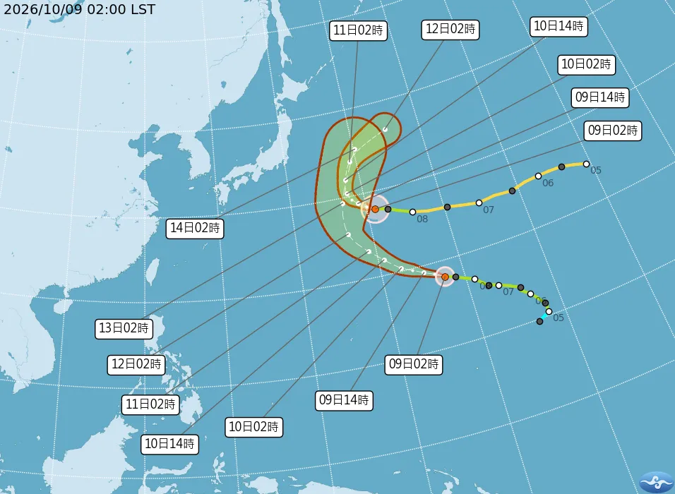 雙颱路徑大迴轉,對台無影響。(圖/中央氣象署)