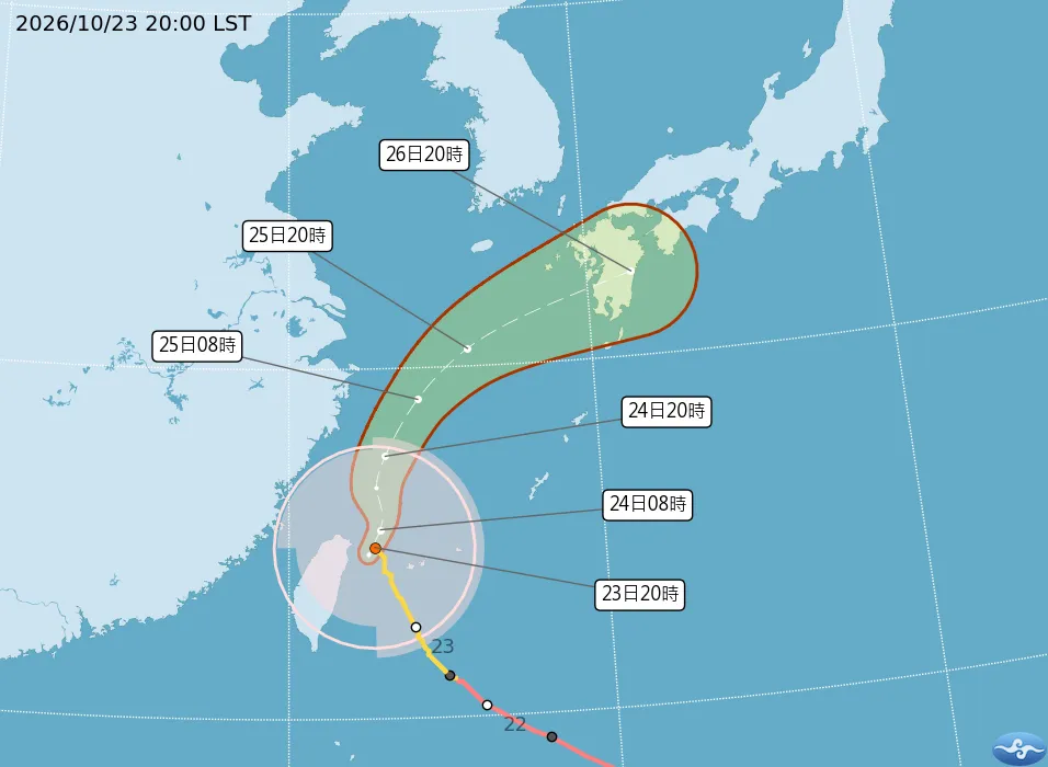 薔琵颱風23日晚間在台灣東方近海打轉，且往西偏折，如果往南掉可能會衝擊北花蓮。（圖／中央氣象署提供）