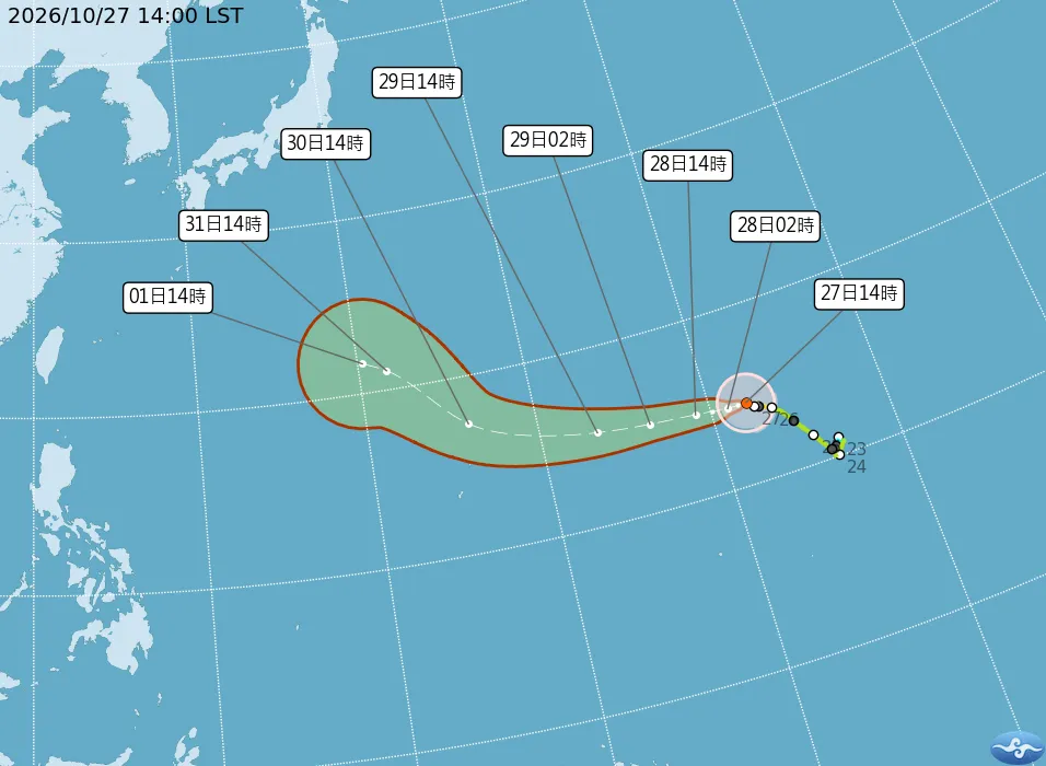 中颱煙花將在28日增強為強颱並朝日本南方海面移動，台灣方面需注意長浪發生。（圖／中央氣象署提供）