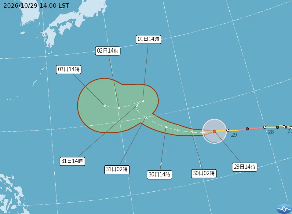 煙花颱風未來將朝琉球及日本南方海面移動、不會直接朝台灣撲來。（圖／氣象署）