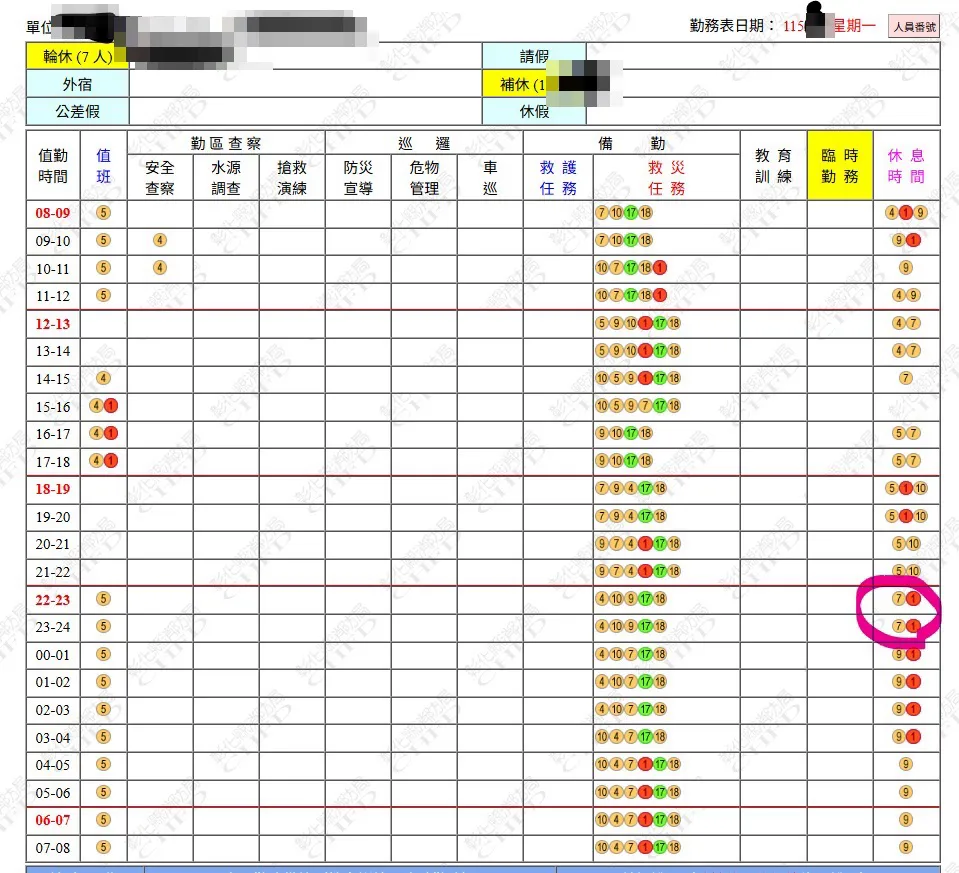 勤務表上7號人員被編排晚上10點休息2小時。（圖／翻攝畫面）