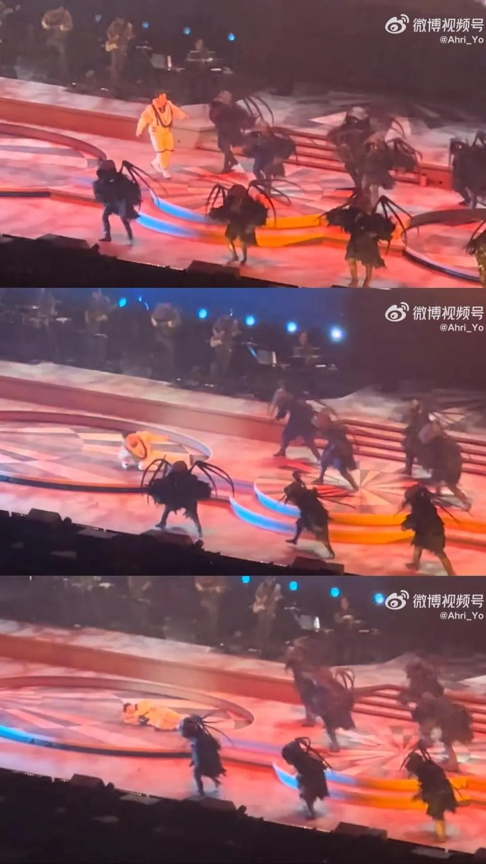 陳奕迅在演唱會過程中不慎踩空跌倒，令粉絲心疼。（圖／翻攝自微博@Ahri_Yo）