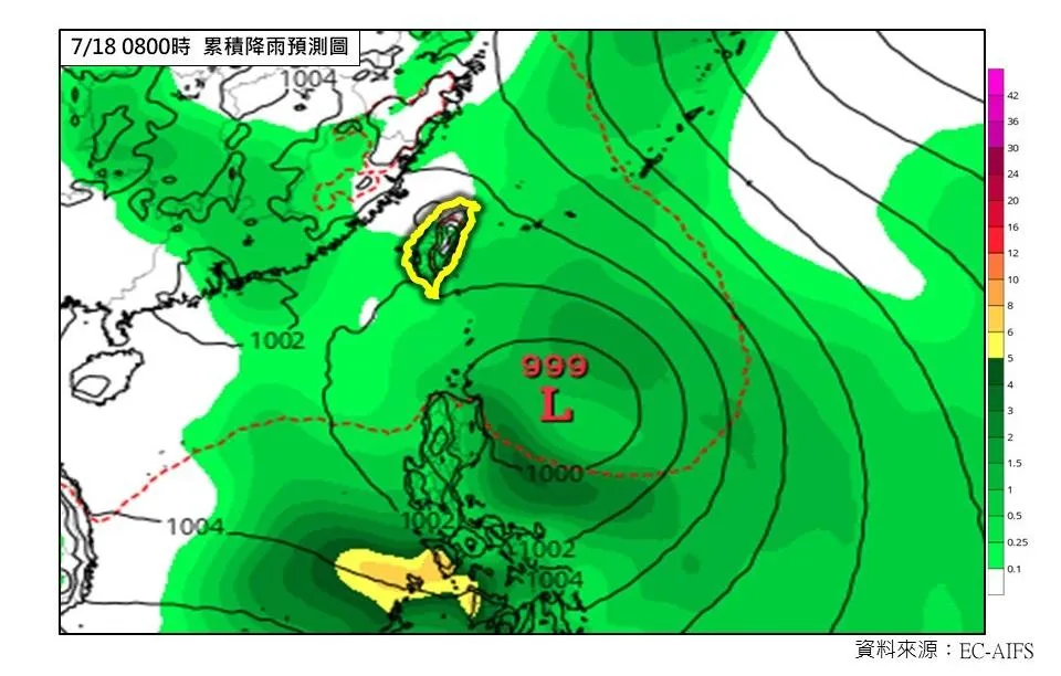 南海至菲國東部海域的季風低壓槽重建，本週末可能會受薪的熱帶擾動影響。（圖／翻攝自Facebook@林老師氣象站）