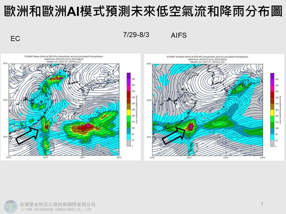 歐洲AI模式預測未來低空氣流和降雨分布圖。（圖／翻攝自賈新興臉書）