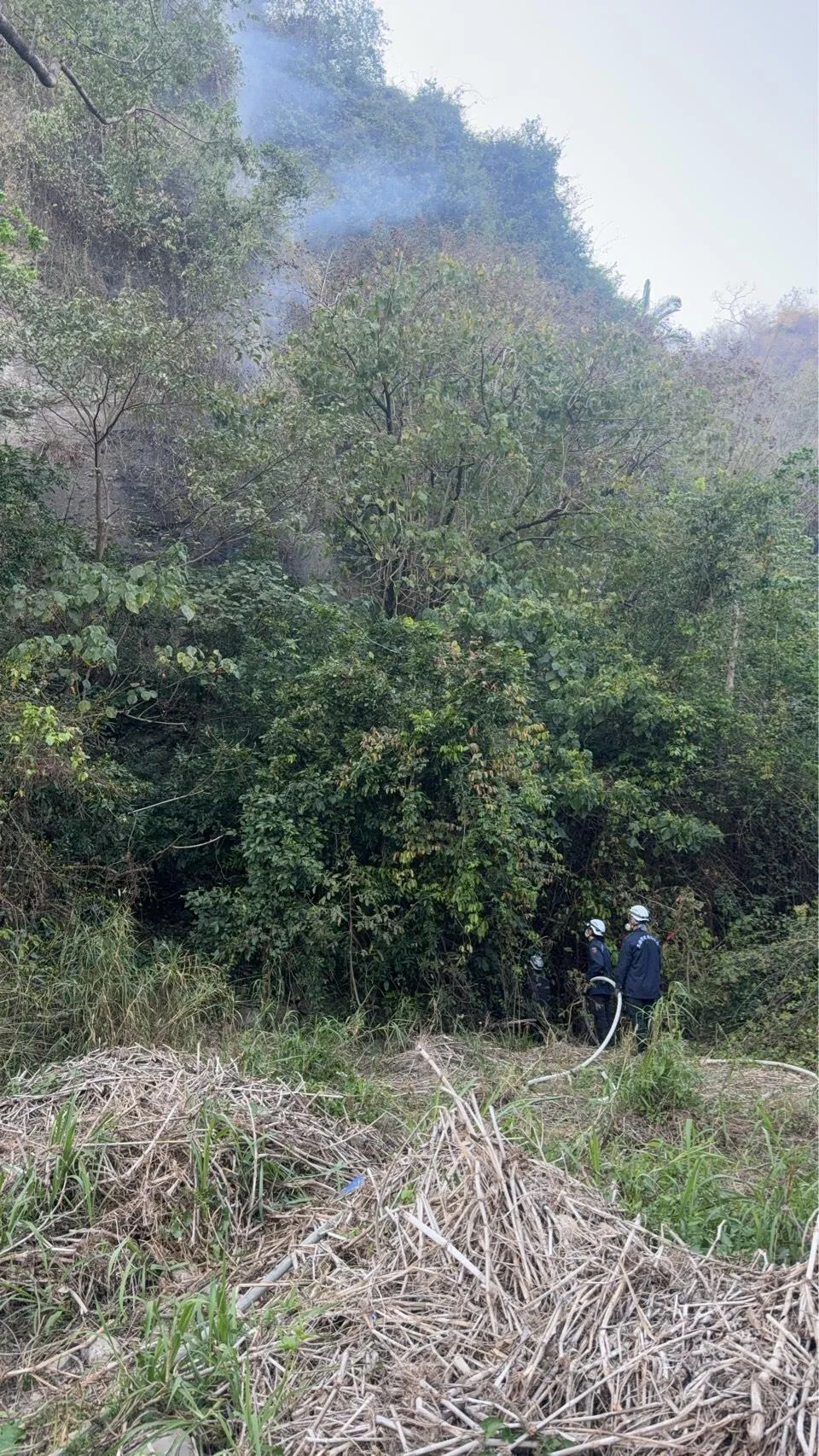 六龜分隊消防人車配合林保署六龜工作站2名森林護管員留守現場，執行警戒與監控工作。（圖／中天新聞）