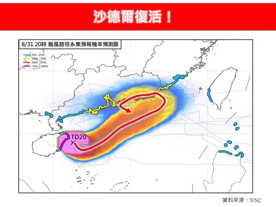 林得恩指出，沙德爾所殘留的環流又與低壓帶其中的對流系統進行重整、結合，發展成TD20。（圖／翻攝自臉書／林老師氣象站）