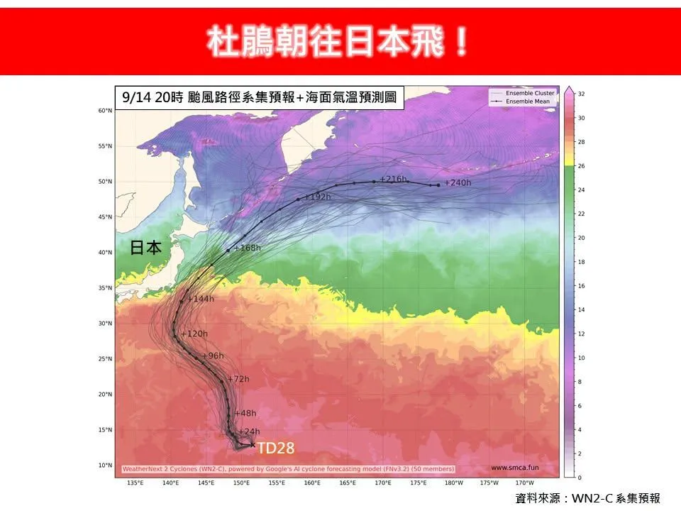 準杜鵑颱風後續將朝琉球群島東南方海域移動。(圖/翻攝自林老師氣象站臉書)