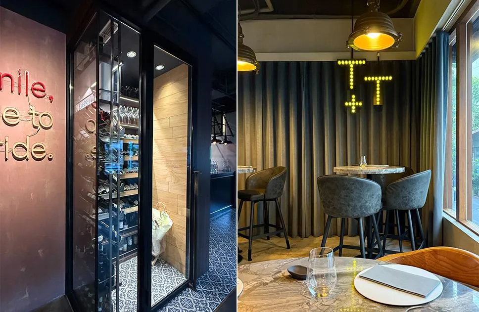 店內設有酒窖，大小適中的「T+T」LOGO燈融入整體裝飾。（圖／黃宏輝提供）