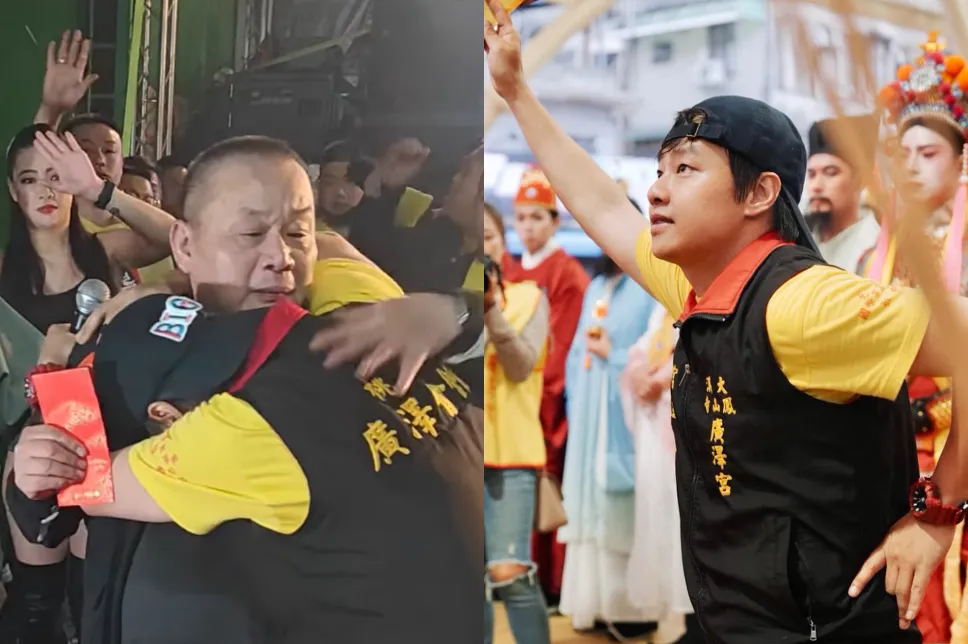 賴銘偉唱〈伊是阮老爸〉時淚崩。（圖／讀者提供、大溪鳳山寺廣澤宮提供）
