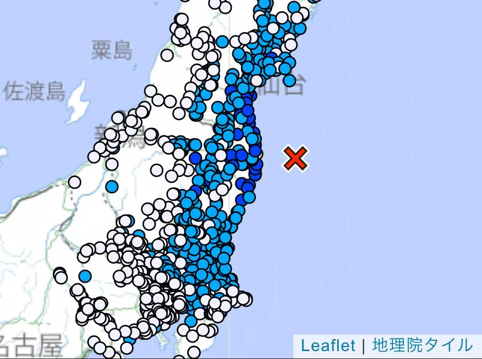 日本偏東北地區的福島縣近海在當地時間5日凌晨12時21分發生規模5.7極淺層有感地震。（圖／翻攝自日本氣象廳官網）