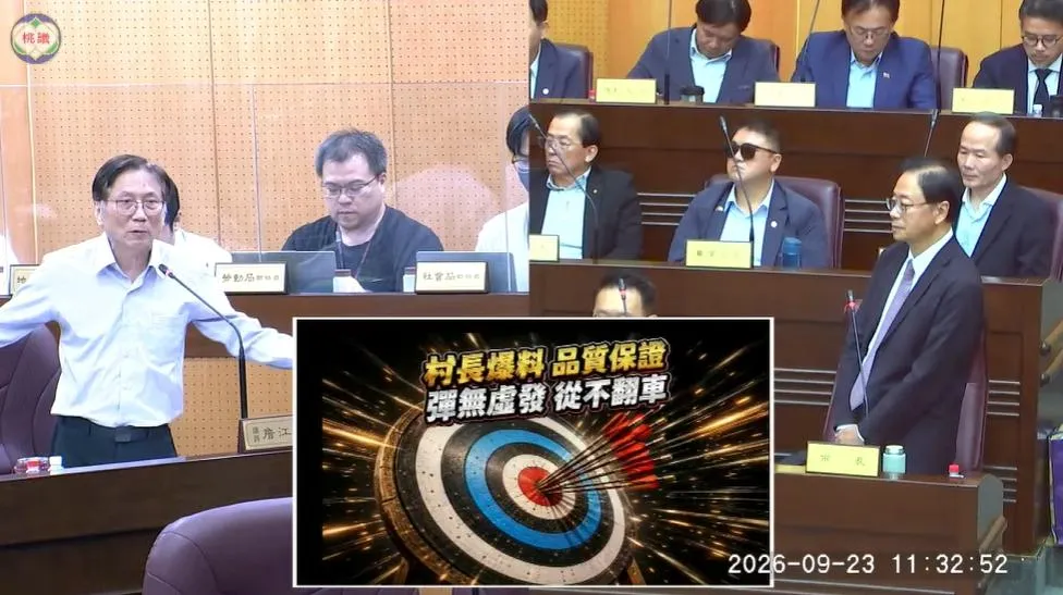 詹江村質詢張善政。（圖取自桃園市議會直播）