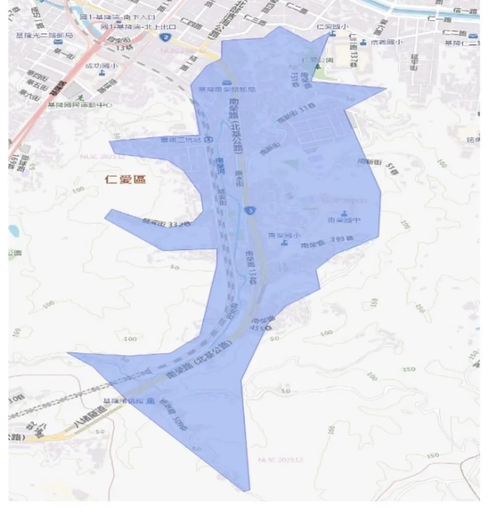 基隆市八堵路92號前輸水鋼管漏水，台灣自來水公司將從27日晚間9時至28日上午9時，停水12小時施工，預估5000戶用水受影響。圖為用水受影響範圍。（圖／台灣自來水公司第一區管理處提供）