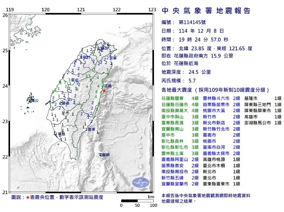 今天晚間7時24分於花蓮縣政府南方15.9公里（花蓮縣近海）發生芮氏規模5.7地震。（圖／中天新聞）
