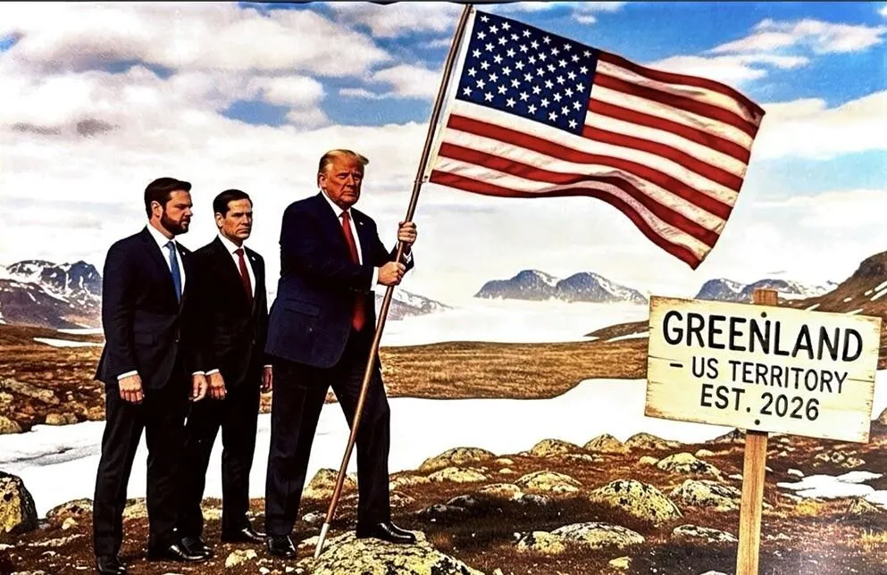 川普在社群平台發布「登島圖」旗插格陵蘭。（圖／翻攝Truth Social「realDonaldTrump」）