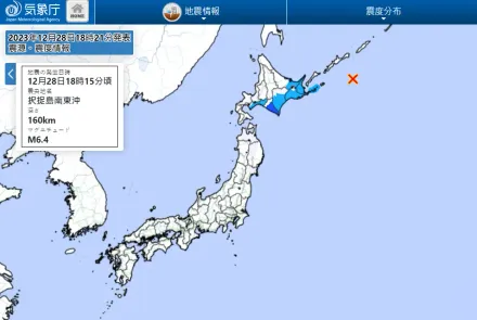 快訊/北海道外海爆規模6.4強震　最大震度3級