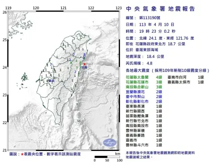 快訊/19:23台灣東部海域爆規模4.8「極淺層地震」　最大震度4級
